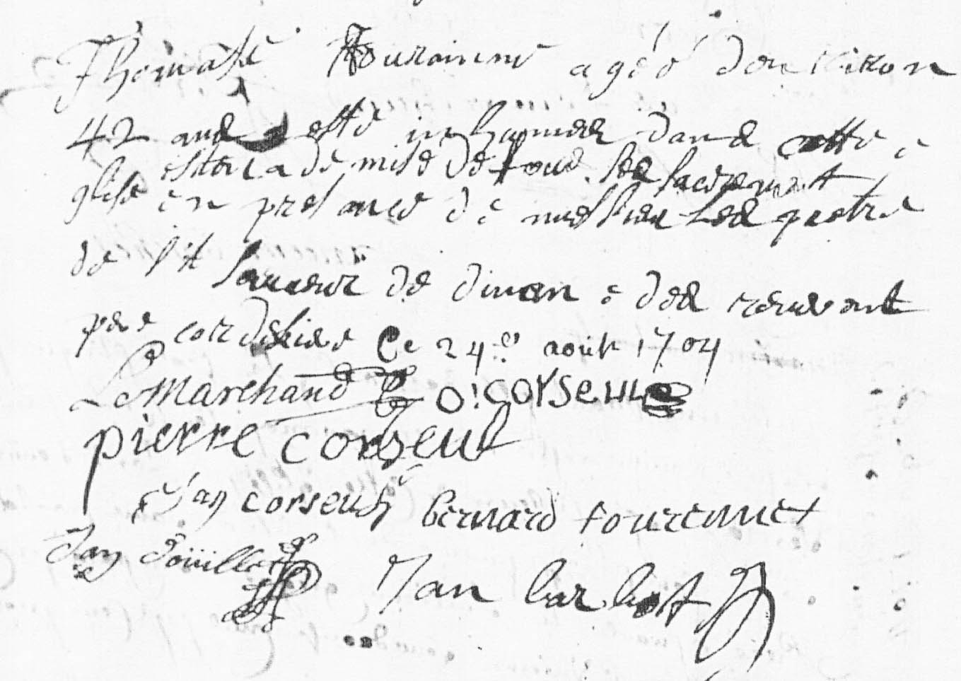 Signature d'Olivier Corseul à Dinan Signatures d'Olivier Corseul et de ses enfants au décès de Thomasse Touraine