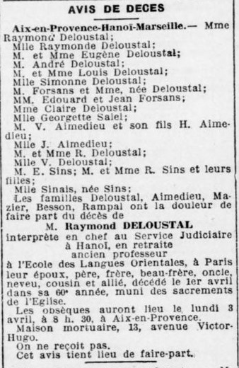 Faire-part du d�c�s de Raymond Deloustal (1933)