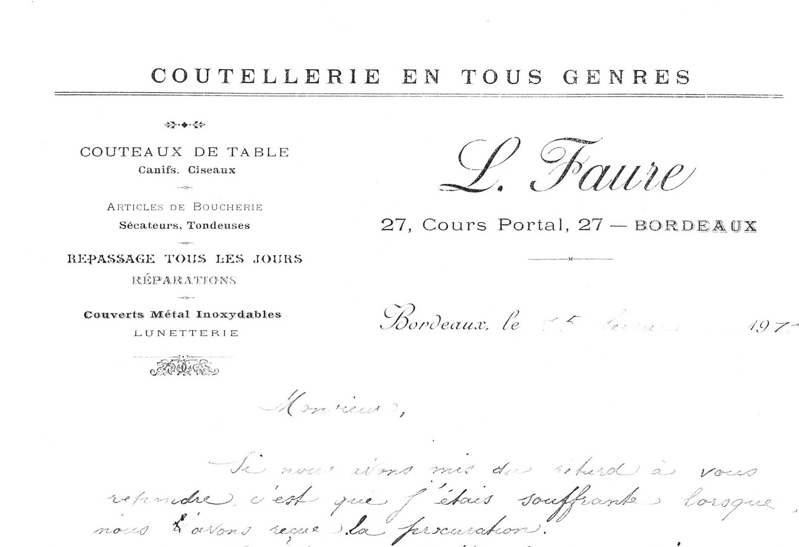 Lettre à l'entete de Louis FAURE, coutelier Louis FAURE, coutelier